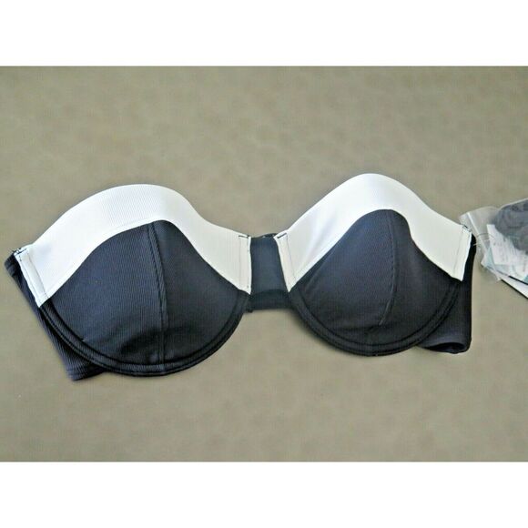 Volcom Sz 14 Simply Solid Rib Bandeau Bikini Top Black White removable straps - Picture 1 of 7